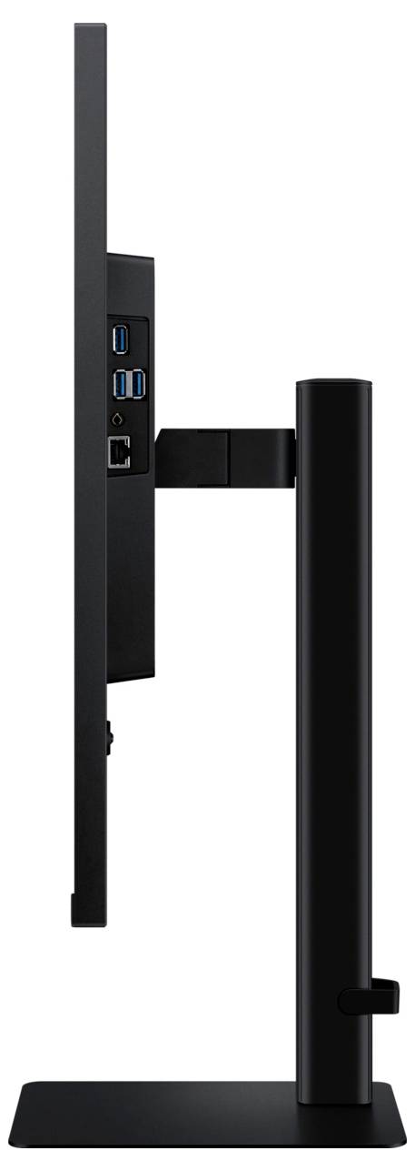 Seitenansicht eines schlanken Computermonitors auf einem Ständer, der USB-Anschlüsse und einen Ethernet-Anschluss auf der Rückseite zeigt.