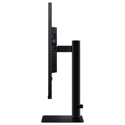 Seitenansicht eines schlanken Computermonitors auf einem Ständer, der USB-Anschlüsse und einen Ethernet-Anschluss auf der Rückseite zeigt.