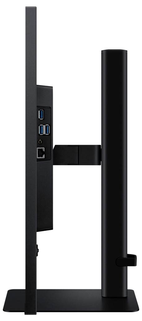 Seitenansicht eines schwarzen Computermonitorständers mit sichtbaren USB-Anschlüssen und einem Ethernet-Anschluss auf der linken Seite des Monitors.