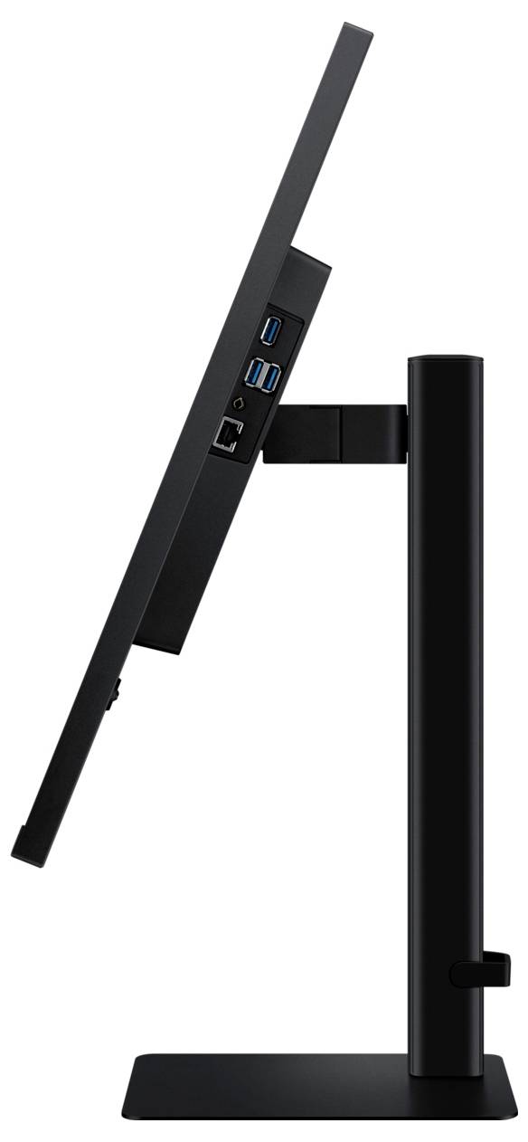 Eine Seitenansicht eines schwarzen Computermonitors auf einem Ständer, der Anschlüsse auf der Rückseite wie USB- und Ethernet-Verbindungen zeigt.