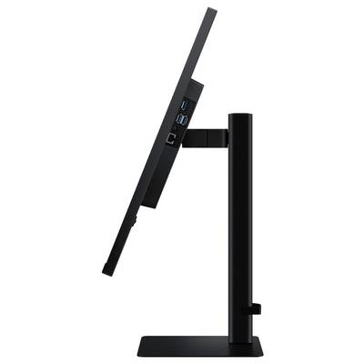 Eine Seitenansicht eines schwarzen Computermonitors auf einem Ständer, der Anschlüsse auf der Rückseite wie USB- und Ethernet-Verbindungen zeigt.