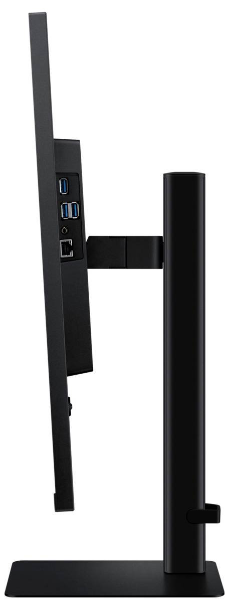 Seitenansicht eines flachen Computermonitors, der sein schlankes Design zeigt. Mehrere USB-Anschlüsse, ein HDMI-Anschluss und ein Ethernet-Anschluss sind auf der Rückseite sichtbar.