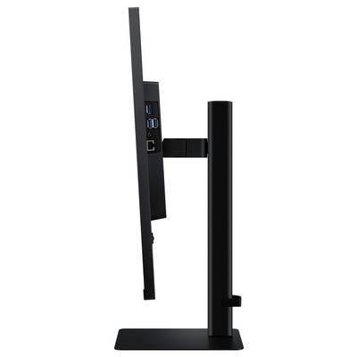 Seitenansicht eines flachen Computermonitors, der sein schlankes Design zeigt. Mehrere USB-Anschlüsse, ein HDMI-Anschluss und ein Ethernet-Anschluss sind auf der Rückseite sichtbar.