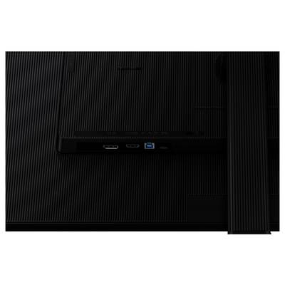 Eine Nahaufnahme der Rückseite eines Monitors, die Anschlüsse wie HDMI, USB und einen Stromeingang zeigt. Die Oberfläche hat eine strukturierte Beschichtung.