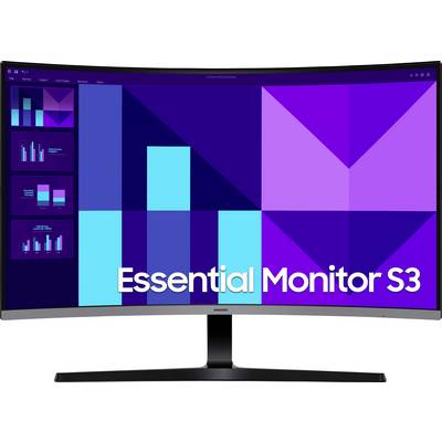 Ein gekrümmter Monitor zeigt verschiedene violette und blaue geometrische Muster mit dem Text „Essential Monitor S3" in Weiß in der unteren rechten Ecke.