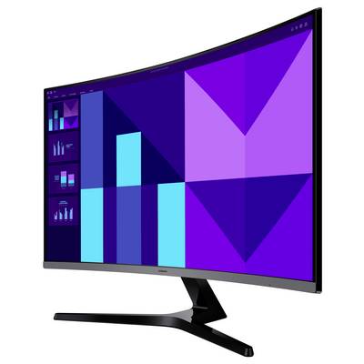 Ein gebogener Breitbildmonitor, der bunte Balkendiagramme und geometrische Muster zeigt und verschiedene Optionen der Datenvisualisierung veranschaulicht.