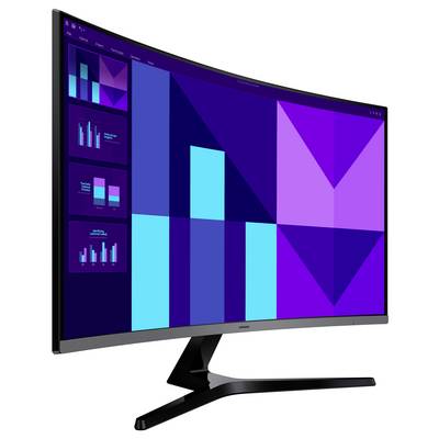 Ein gekrümmter Monitor zeigt verschiedene blaue und lila Balkendiagramme und geometrische Formen, die eine Datenanalyse oder Geschäftspräsentation auf dem Bildschirm simulieren.