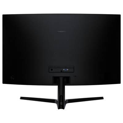 Die Rückseite eines gebogenen Monitors mit Ständer, ausgestattet mit Stromanschluss und VGA-Anschluss, konzipiert für den Desktopgebrauch.