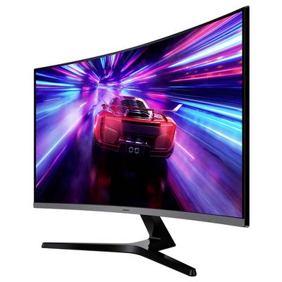 Ein gebogener Computerbildschirm, der ein dynamisches Rennspiel zeigt, mit einem roten Sportwagen, der durch einen Tunnel aus bunten Neonlichtern rast.