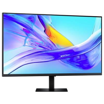 Ein Computermonitor, der ein abstraktes, farbenfrohes Design mit leuchtenden Blau- und Orangetönen zeigt und die Klarheit und Lebendigkeit des Bildschirms präsentiert.