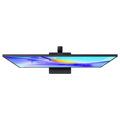 Ein schlanker, moderner Computermonitor aus der Draufsicht mit einem lebendigen, abstrakten Bild in Blau und Orange auf dem Bildschirm.