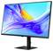 Ein schlanker Computermonitor, der ein lebendiges abstraktes Bild mit Blau-, Lila- und Gelbtönen zeigt. Der Monitor steht auf einem schwarzen Ständer.