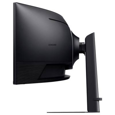Eine Seitenansicht eines schlanken, schwarzen Samsung Curved-Monitors, die sein Profil und den Ständer zeigt.