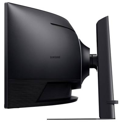 Seitenansicht eines schlanken, schwarzen Samsung Curved-Computermonitors auf einem Ständer, der sein dünnes Profil und modernes Design präsentiert.