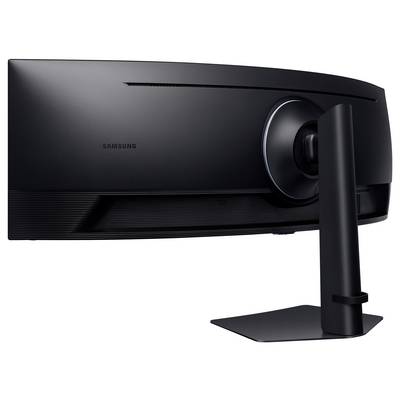 Ein Widescreen-Samsung-Monitor, von hinten betrachtet, mit einer eleganten geschwungenen Form und schwarzem Ständer.