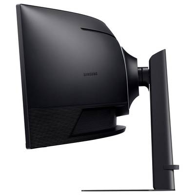 Seitenansicht eines schlanken, schwarzen Samsung-Monitors, der sein gekrümmtes Design, den stabilen Ständer und die moderne Ästhetik für einen Arbeitsplatz präsentiert.
