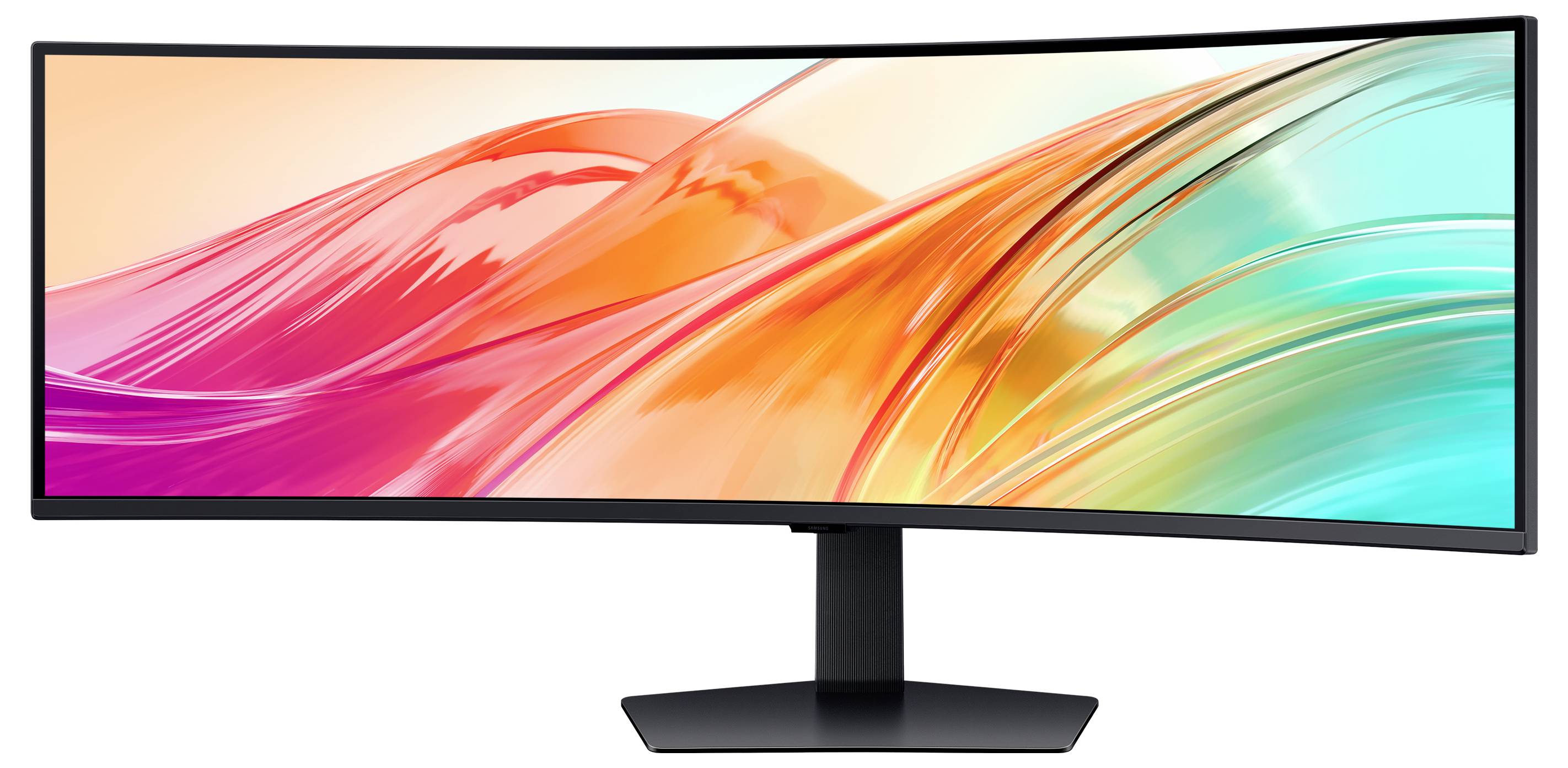 Ein ultrabreiter gekrümmter Monitor, der eine farbenfrohe und abstrakte digitale Kunst mit roten, orangefarbenen und türkisfarbenen Wellen zeigt, auf einem schwarzen Ständer.