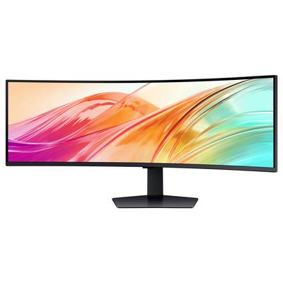 Ein ultrabreiter gekrümmter Monitor, der eine farbenfrohe und abstrakte digitale Kunst mit roten, orangefarbenen und türkisfarbenen Wellen zeigt, auf einem schwarzen Ständer.