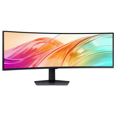 Ein breiter, gebogener Computerbildschirm, der eine lebendige, abstrakte Wirbelbewegung in Pink, Orange und Petrol auf dem Bildschirm zeigt.