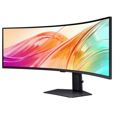 Ein breiter, gebogener Monitor, der ein lebendiges, abstraktes Muster aus rosa, orange und petrolblauen Wirbeln zeigt, symbolisiert moderne Technologie und Design.