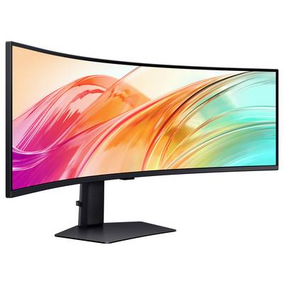 Ein gebogener Breitbildmonitor mit lebendigen abstrakten Wirbeln in Pink, Orange und Petrol auf dem Display, aufgestellt auf einem schlanken, schwarzen Ständer.