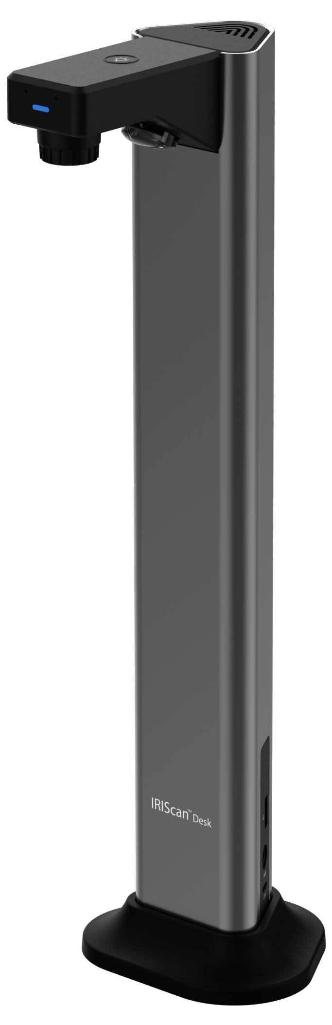 Ein schlanker, grauer vertikaler Scanner mit eingebauter Kameraobjektiv und Bedienungstasten, der für den Desktopgebrauch konzipiert ist und die Markierung 'IRIScan Desk' trägt.