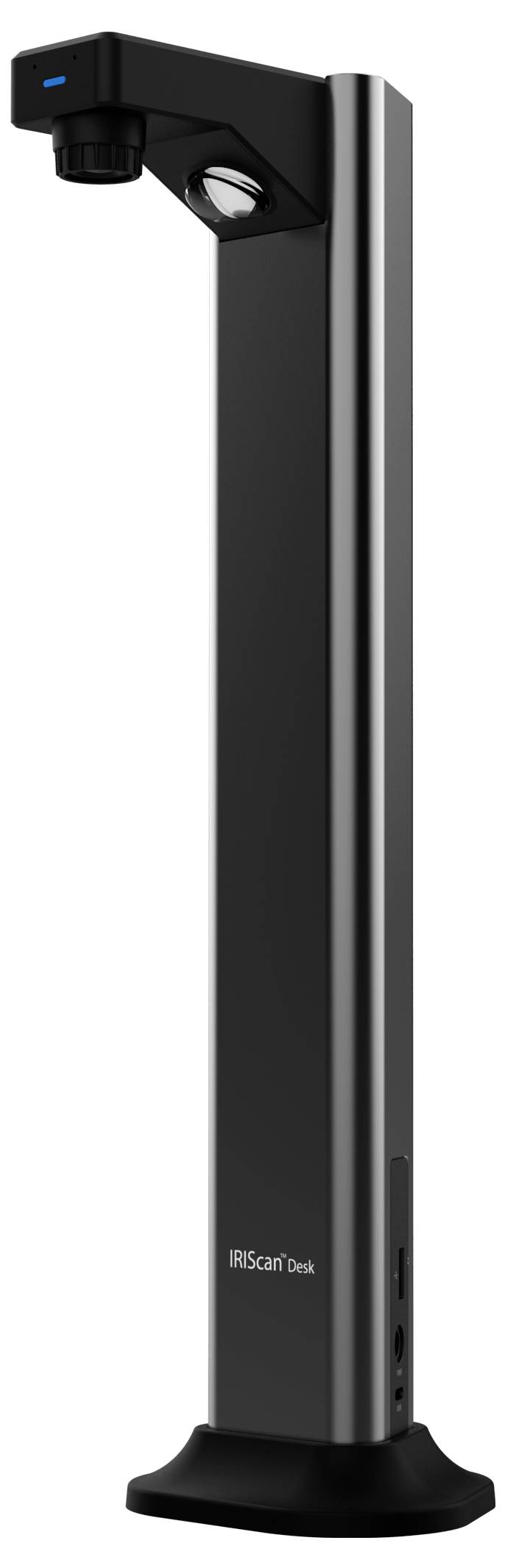 Ein hoher, schlanker Desktop-Scanner mit schwarzer Ausführung und integrierter Kamera, entwickelt für die digitale Dokumentenerfassung.