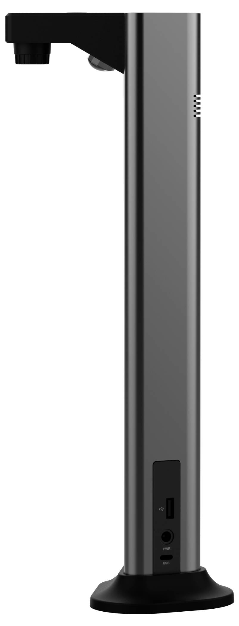 Ein schlanker, vertikaler, metallischer Luftionisator mit Tasten und Anschlüssen an der Seite, entwickelt zur Luftreinigung in kleinen Innenräumen.