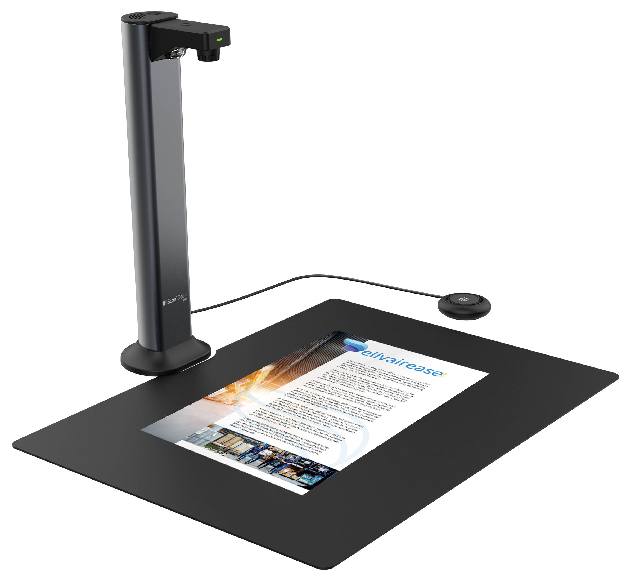 Ein Dokumentenscanner mit elegantem vertikalen Design, der eine Seite scannt. Die gescannte Seite enthält Text und Bilder, die für Klarheit beleuchtet sind.