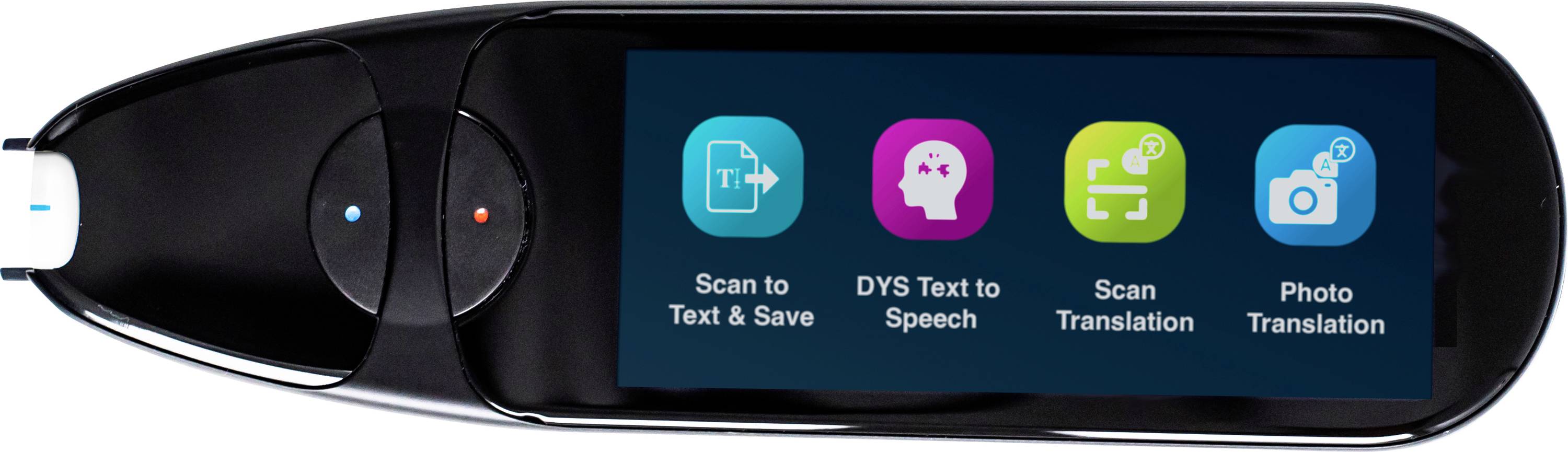 Ein tragbares Übersetzungsgerät mit einem Bildschirm, der vier Optionen anzeigt: „Scannen zu Text & Speichern", „DYS Text-zu-Sprache", „Scan-Übersetzung" und „Foto-Übersetzung".