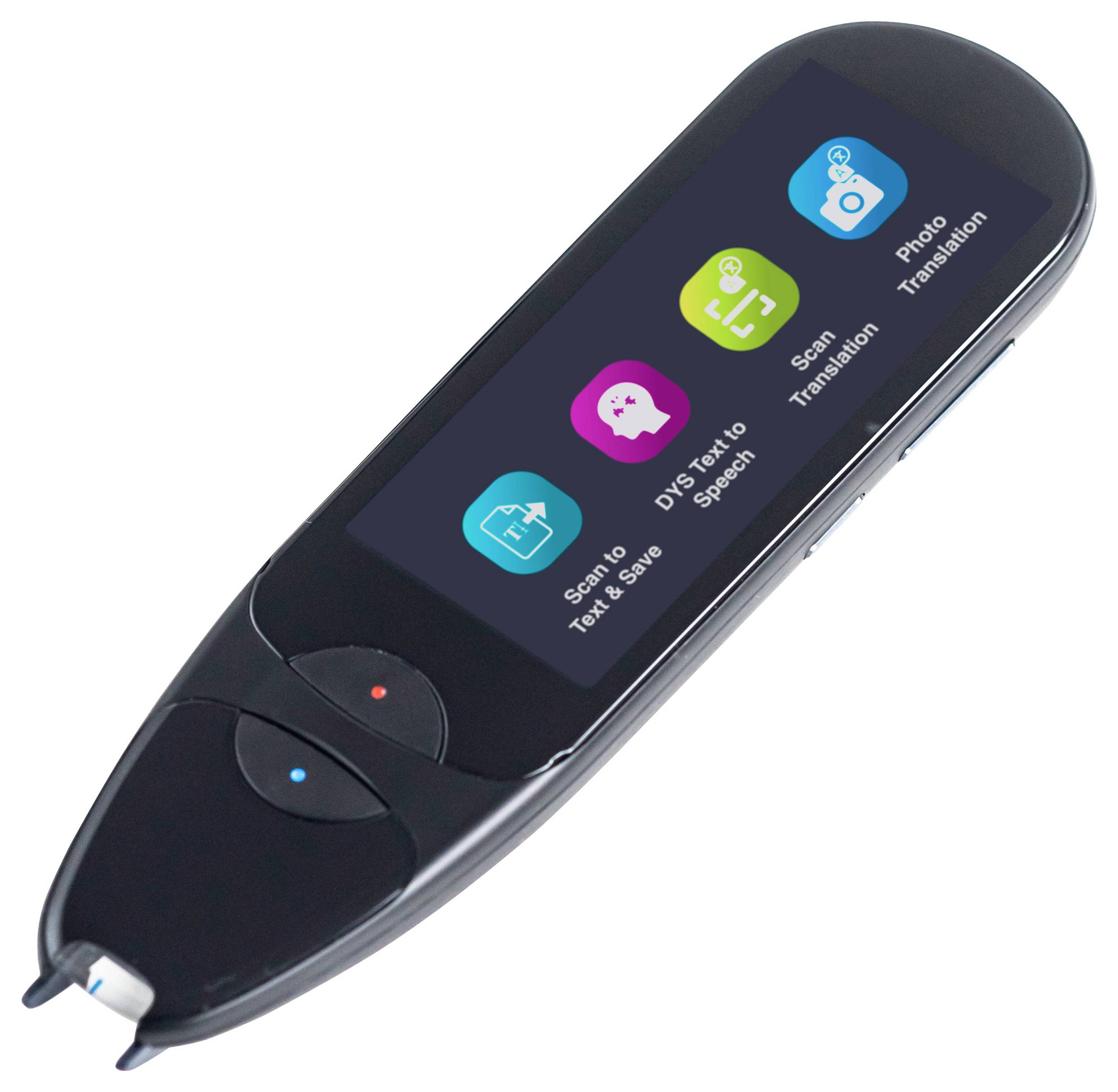 Ein digitaler Stift mit einem Bildschirm, der vier Symbole zeigt: „Scannen zu Text & Speichern", „Dys Text zu Sprache", „Scan-Übersetzung", „Foto-Übersetzung".