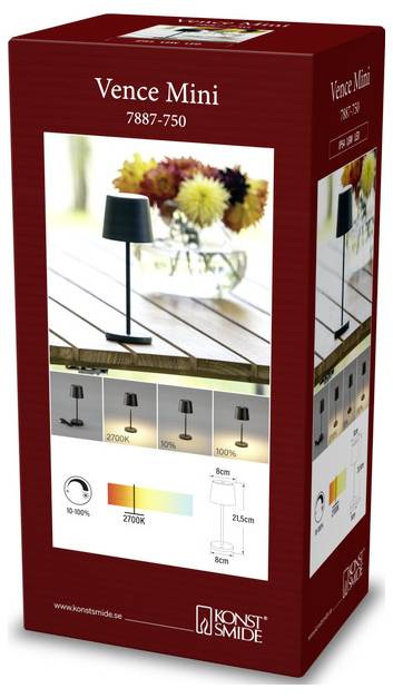 Verpackung der 'Vence Mini' Lampe zeigt eine schwarze Lampe auf einem Tisch mit Blumen. Merkmale: einstellbare Helligkeit, 2700K Licht, 21,5 cm Höhe.