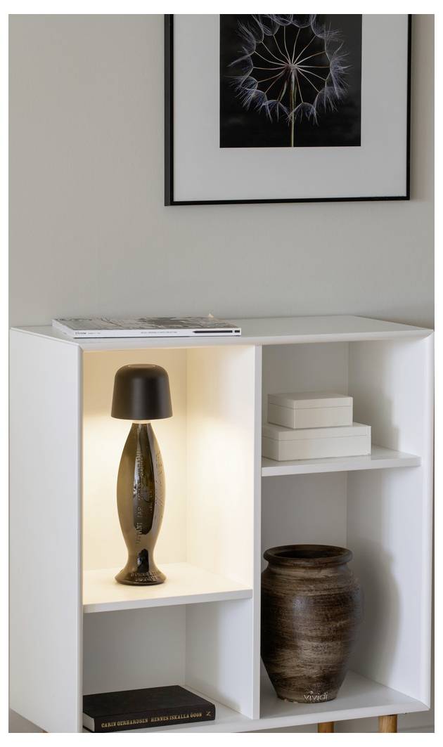 Ein minimalistisches weißes Regal trägt eine moderne Lampe, gestapelte Bücher und eine Holzvase. Darüber hängt ein gerahmtes Kunstwerk einer Löwenzahnpflanze in der Samenreifephase.