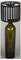 Eine grüne Flasche mit einem schwarzen, geschlitzten zylindrischen Lampenschirm oben drauf.