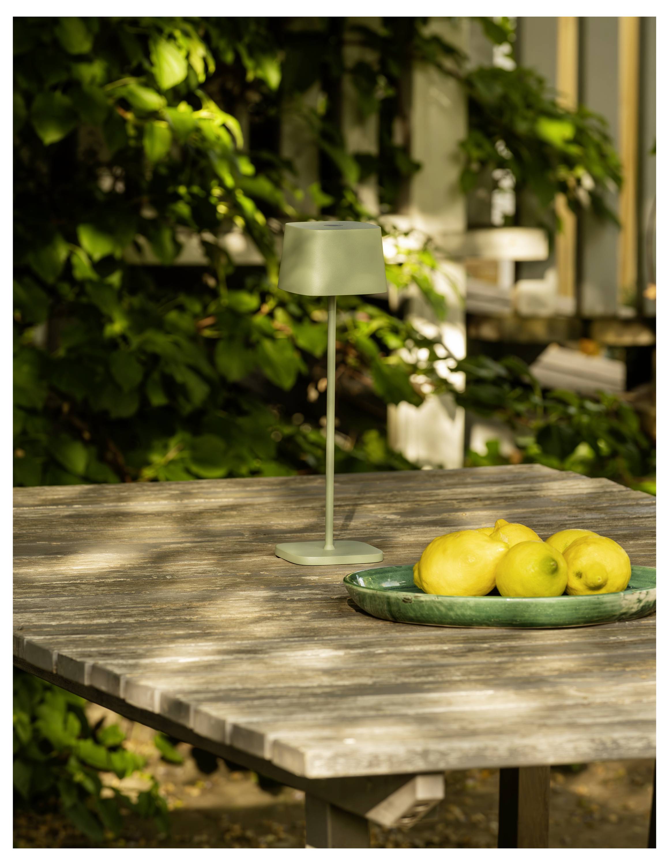 Ein hölzerner Tisch in einer Gartenumgebung mit einer grünen Lampe und einem Tablett mit Zitronen. Das Sonnenlicht wirft gesprenkelte Schatten von nahegelegener Vegetation.