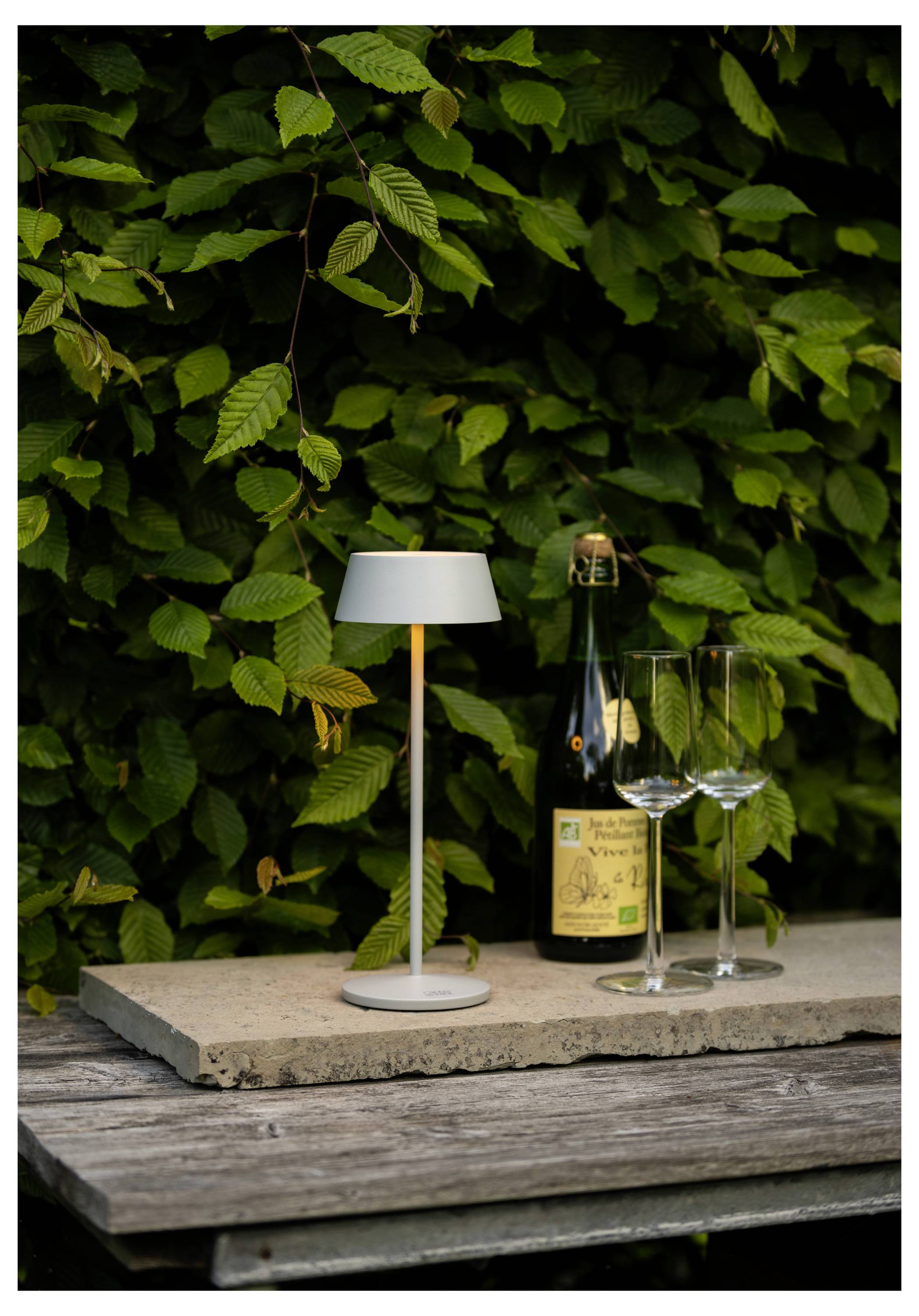 Eine kleine Tischlampe, eine Weinflasche und zwei leere Weingläser auf einer Holzoberfläche vor dichtem grünem Blattwerk.