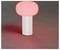 Eine rosa leuchtende Lampe mit einer zylindrischen weißen Basis und abgerundeter Oberseite strahlt ein weiches Licht auf einer dunklen Oberfläche aus.