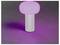 Eine moderne Tischlampe mit einem zylindrischen Sockel und einem ovalen rosa leuchtenden Oberteil wirft weiches rosa Licht auf eine graue Oberfläche.