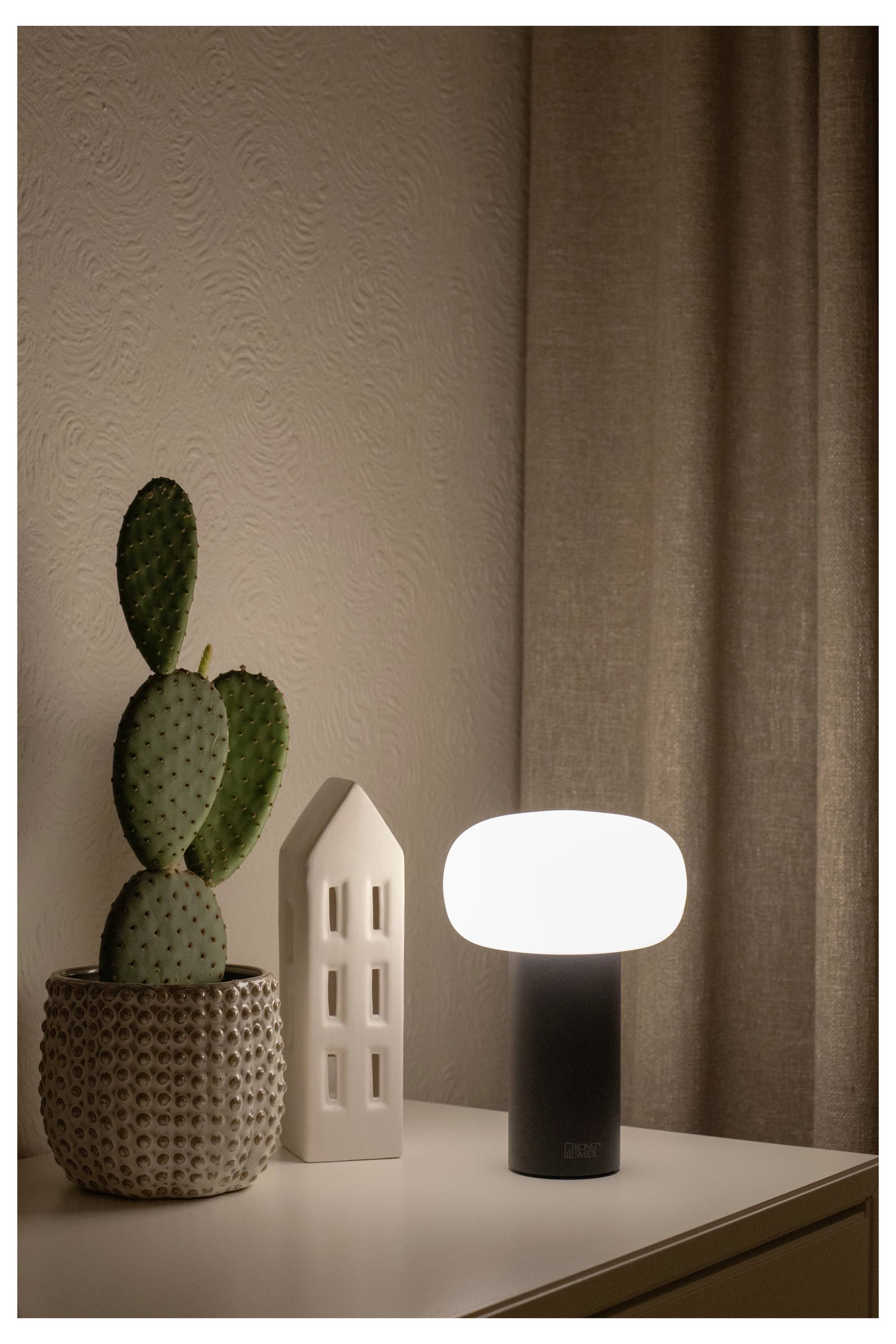 Eine moderne Tischlampe verbreitet ein weiches Leuchten neben einem kleinen Kaktus und einem weißen Zierwürfel auf einem minimalistischen Schreibtisch.