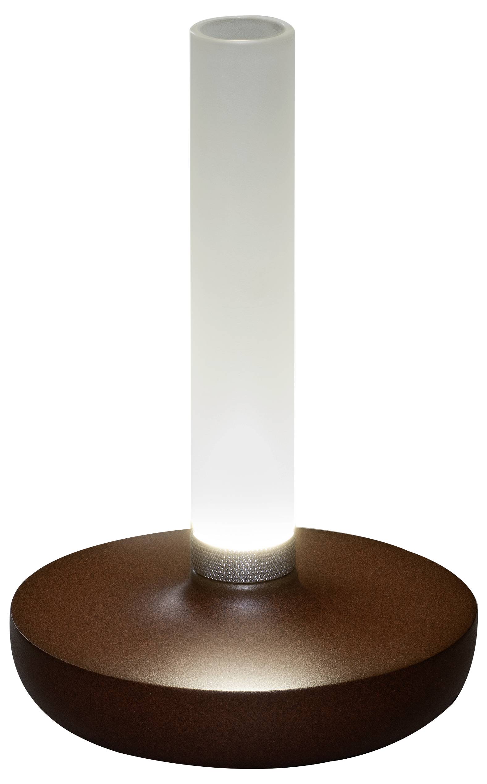 Eine zylindrische Lampe aus mattem Glas, die Licht von der Basis aus abstrahlt und auf einer runden, flachen braunen Grundfläche steht.