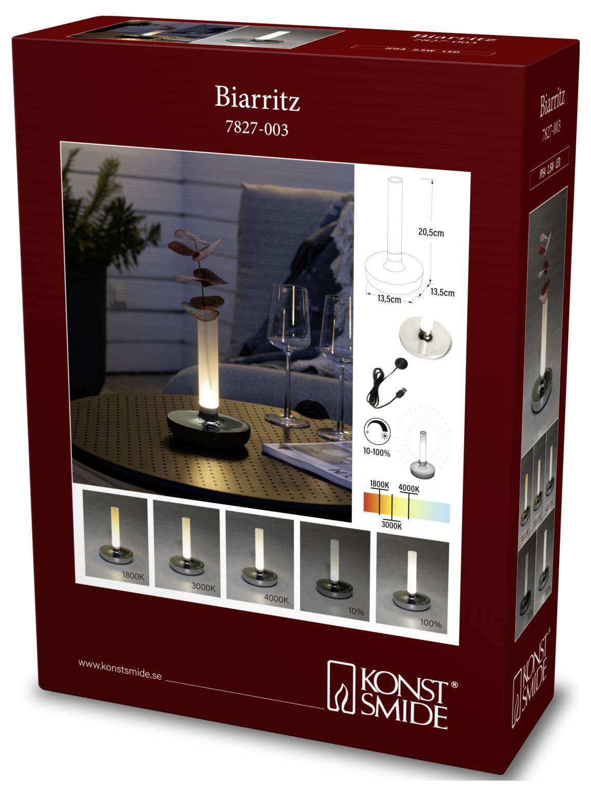 Schachtel der LED-Lampe 'Biarritz 7827-003' von Konst Smide, die einstellbare Lichteinstellungen von 2.700K bis 6.500K zeigt, mit Bildern der Lampe im Einsatz.