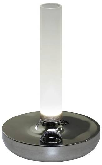 Eine moderne Lampe aus Milchglas mit einem hohen zylindrischen Lampenschirm, montiert auf einer glänzenden, runden Metallbasis, die weiches Ambientlicht ausstrahlt.