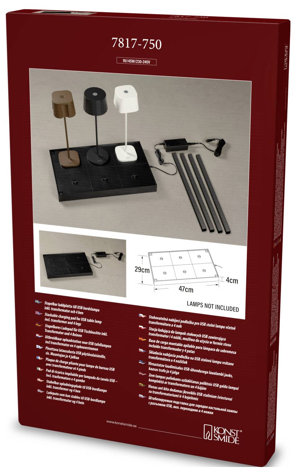Eine Box, die einen Satz von Komponenten zum Zusammenbau einer Leuchte enthält, einschließlich einer Basis, drei Lampenschirmen in verschiedenen Farben und Stützstangen.