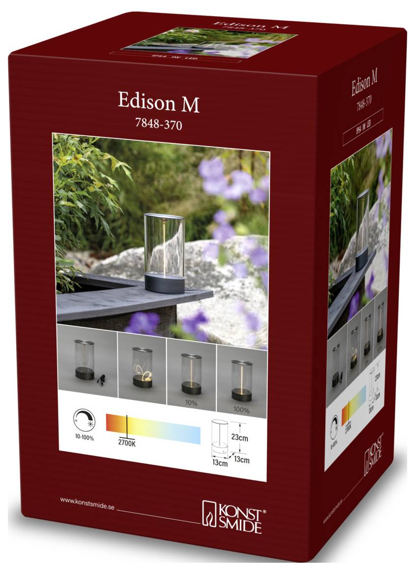 Karton mit 'Edison M 7848-370' LED-Außenleuchte, zeigt Größe (27x13cm), Helligkeit (50-100%) und Farbtemperatur (2700K).