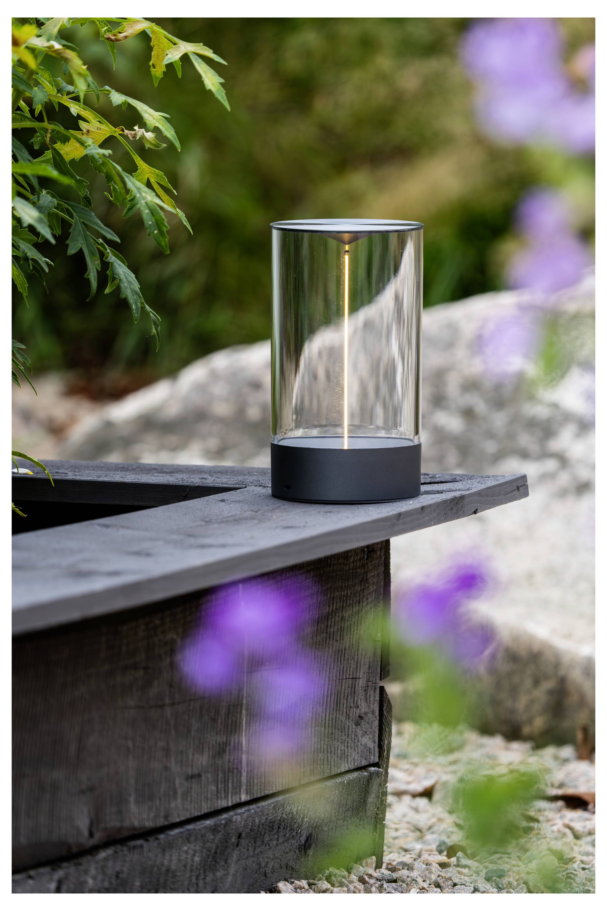 Eine Glaslaterne mit einem dünnen, zentralen Licht steht auf einem dunklen Holzvorsprung. Grünes Blattwerk und verschwommene lila Blumen sind drumherum zu sehen.
