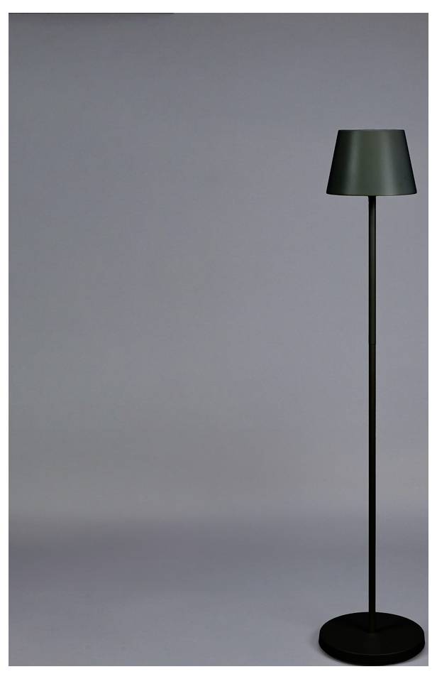 Eine elegante, moderne Stehlampe mit einem schwarzen Schirm und minimalistischem Design steht vor einem schlichten grauen Hintergrund.