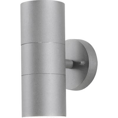 Eine schlanke, moderne zylindrische Wandleuchte mit Metalloberfläche, für den Außeneinsatz konzipiert.