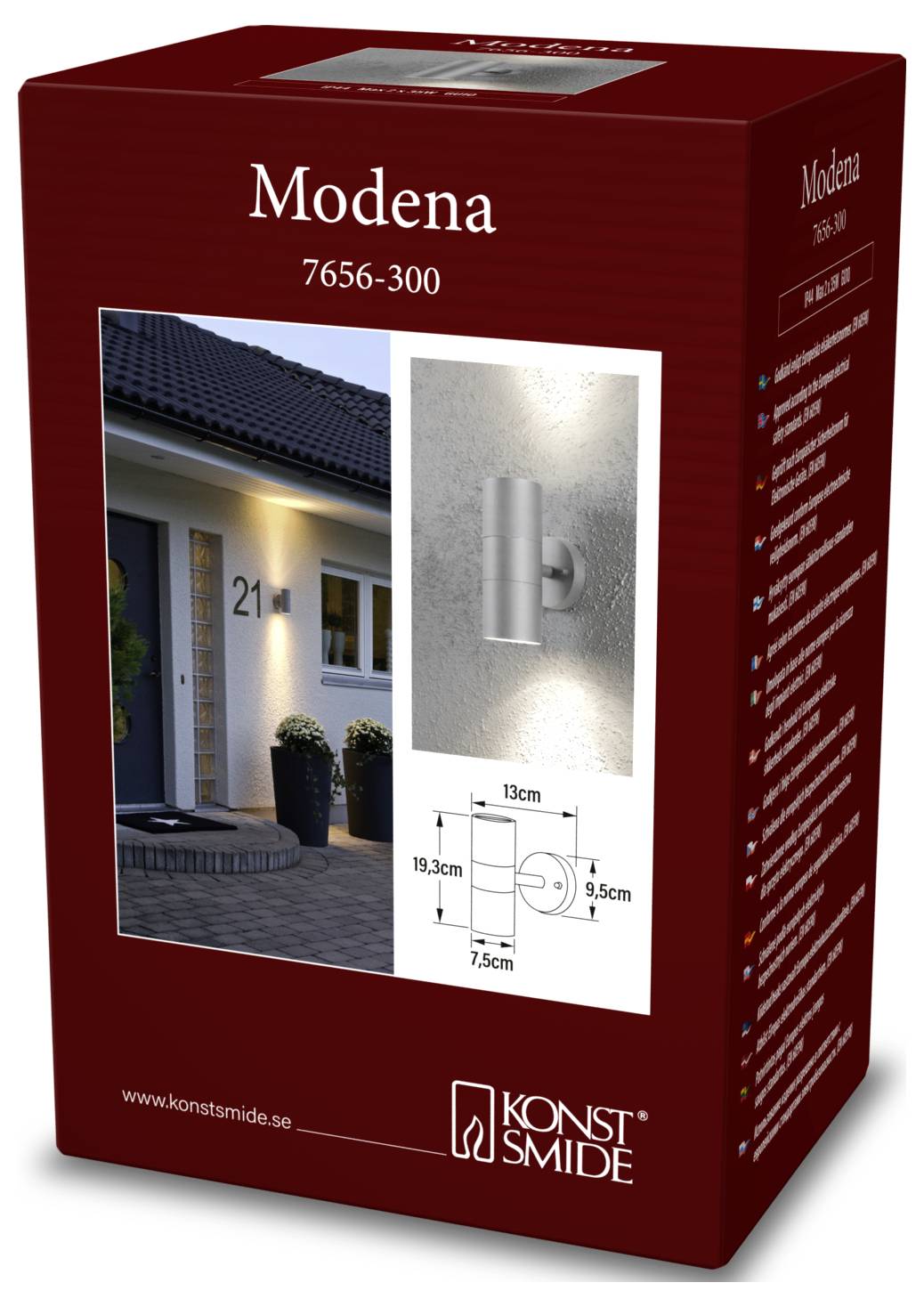 Das Bild zeigt die Verpackung einer Konstsmide Außenwandleuchte des Modells 'Modena 7656-300'. Die Schachtel enthält ein Foto der Leuchte, die neben einer Tür installiert ist.
