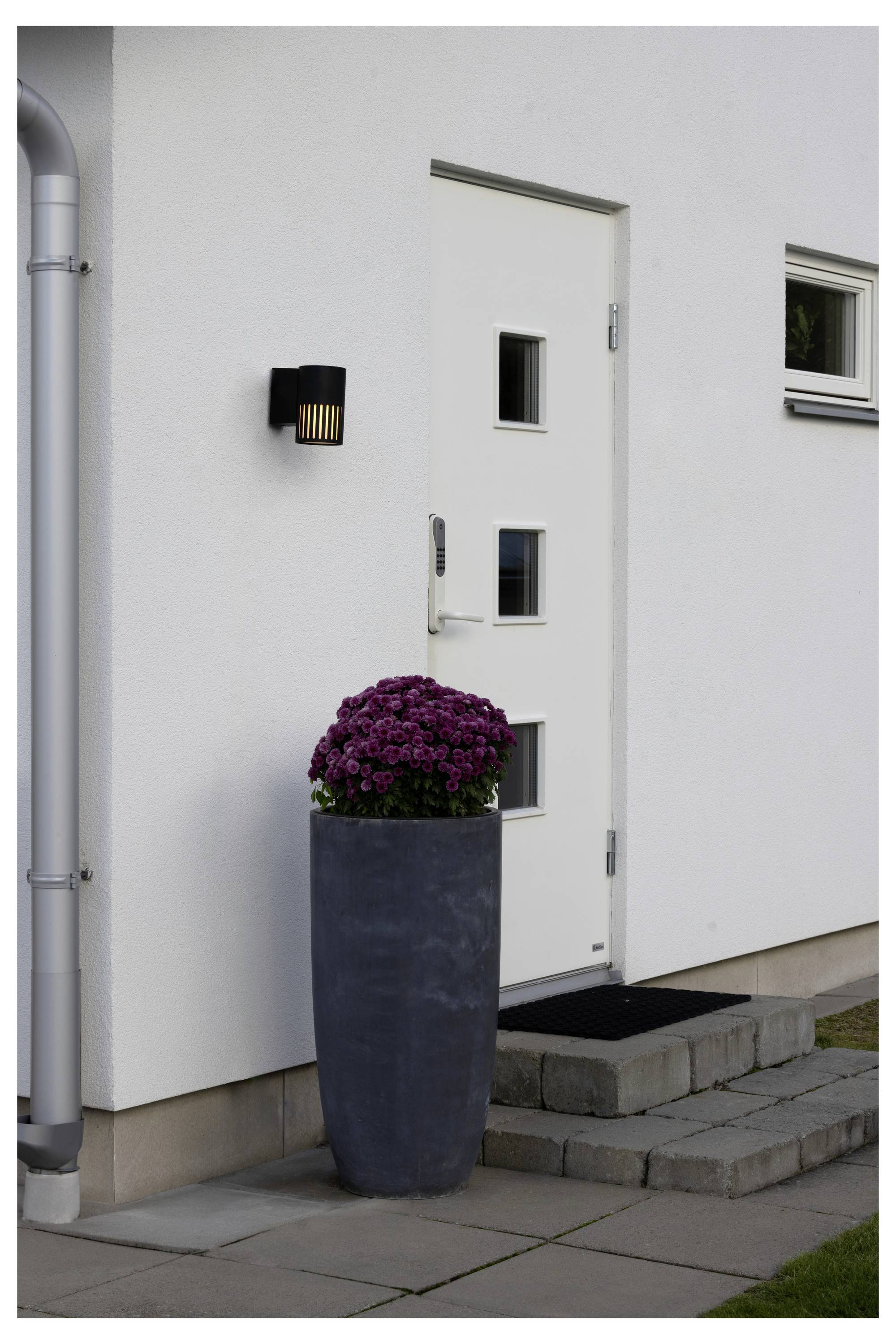 Eine weiße Tür mit kleinen quadratischen Fenstern wird von einem dunkelgrauen Pflanzgefäß mit lila Blumen flankiert, neben einer weißen Außenwand mit einer kleinen Lampe.