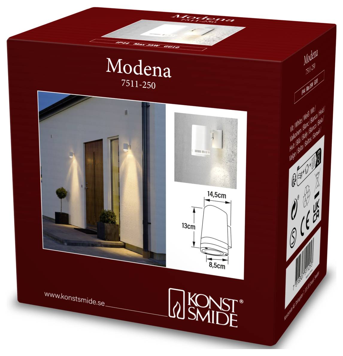 Verpackung der Leuchte 'Modena 7511-250', die eine Außenwandleuchte an einem modernen Haus zeigt. Abmessungen sind 14,5 x 13 x 8,5 cm.